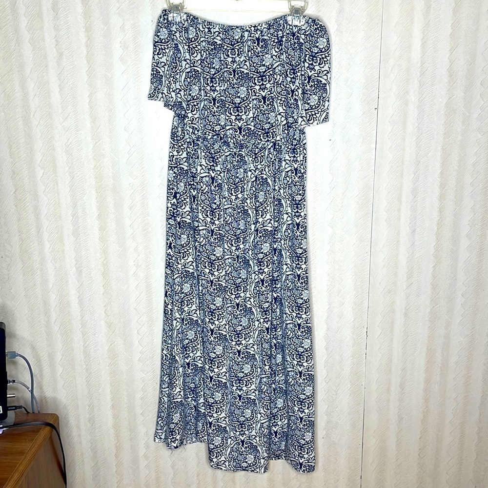 🆕 YIDARTON Strapless Maxi Dress Blue White Floral Ruffle Top Floral Size L - Picture 7 of 10
